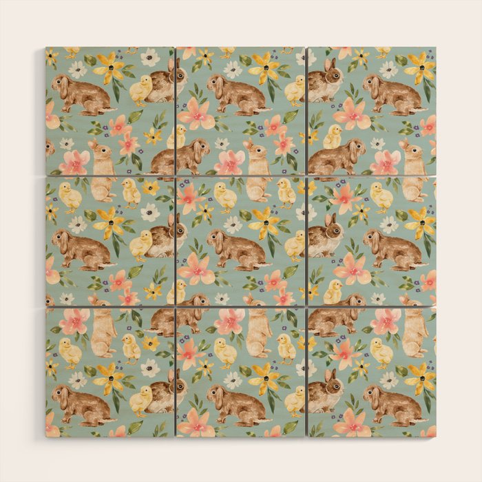 Blue Easter Bunny and Chick Floral Wood Wall Art Gallery Image 1