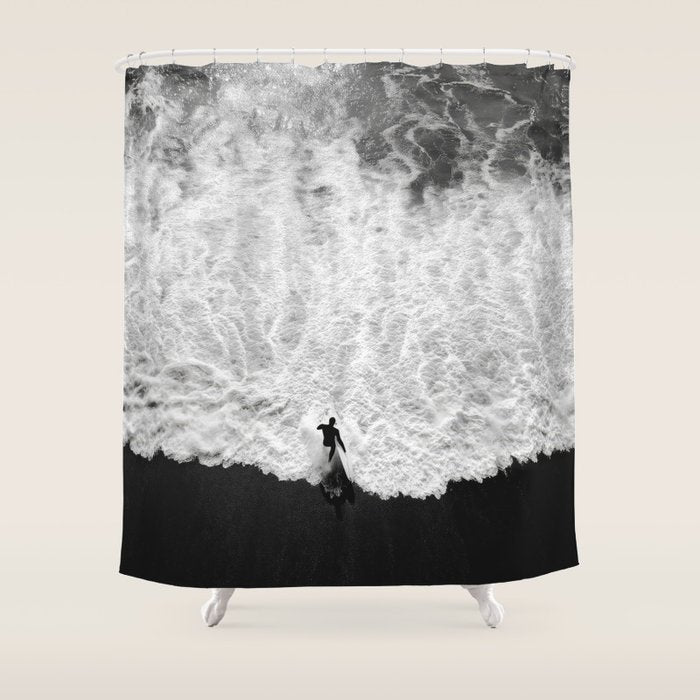 Surfer and Shore - Aerial Ocean Fine Art Print Shower Curtain Gallery Image 1