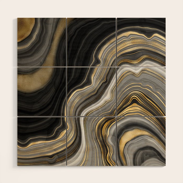 Black & Gold Agate Stone Wood Wall Art Gallery Image 1
