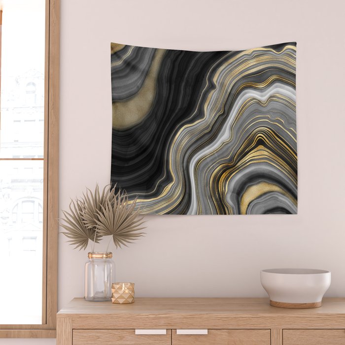 Black & Gold Agate Stone Wall Tapestry Gallery Image 2