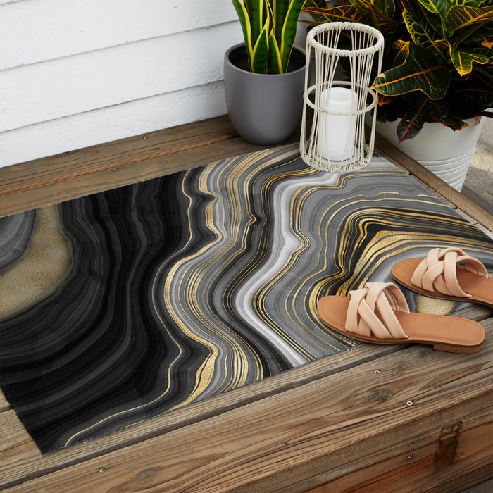Black & Gold Agate Stone Outdoor Rug Gallery Image 2