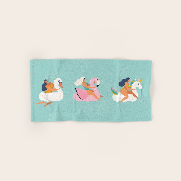 Gils on inflatable in swimming pool floats. Bath Towel Gallery Image 1