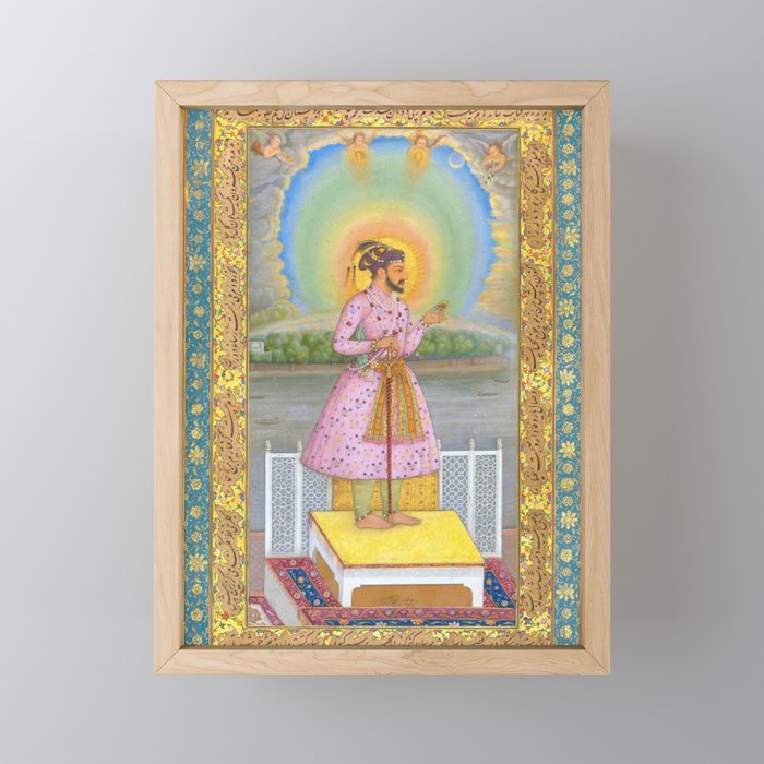 Shah Jahan on a Terrace, Holding a Pendant Set With HisAntique Indian Miniature Painted Illustration Mini Art Print Gallery Image 1