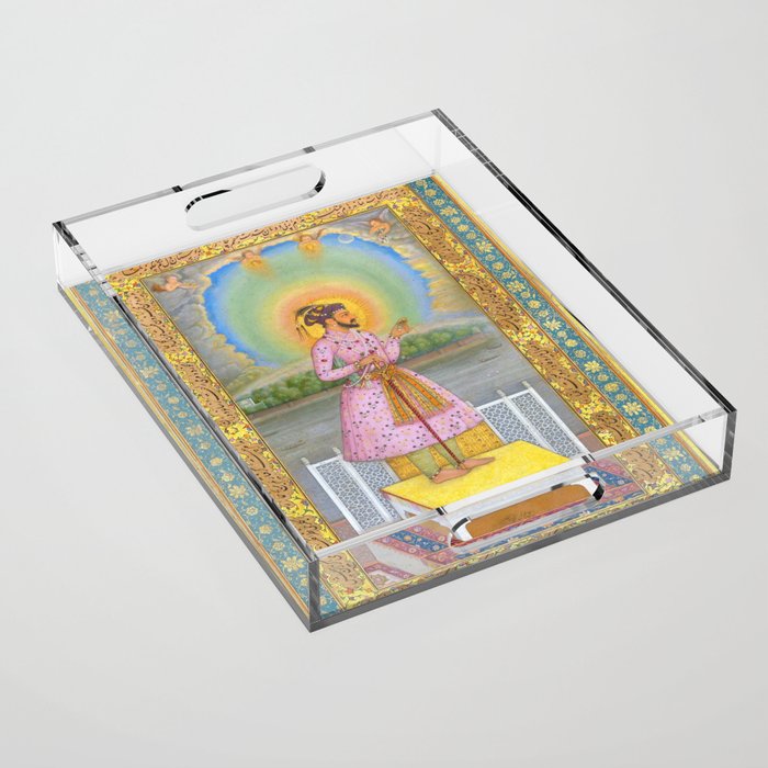 Shah Jahan on a Terrace, Holding a Pendant Set With HisAntique Indian Miniature Painted Illustration Acrylic Tray Gallery Image 1