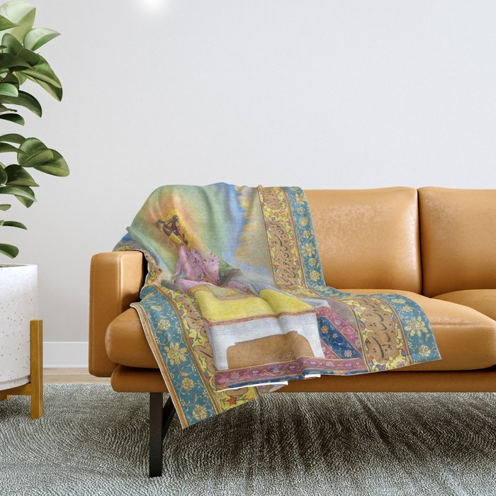 Shah Jahan on a Terrace, Holding a Pendant Set With HisAntique Indian Miniature Painted Illustration Throw Blanket Gallery Image 1