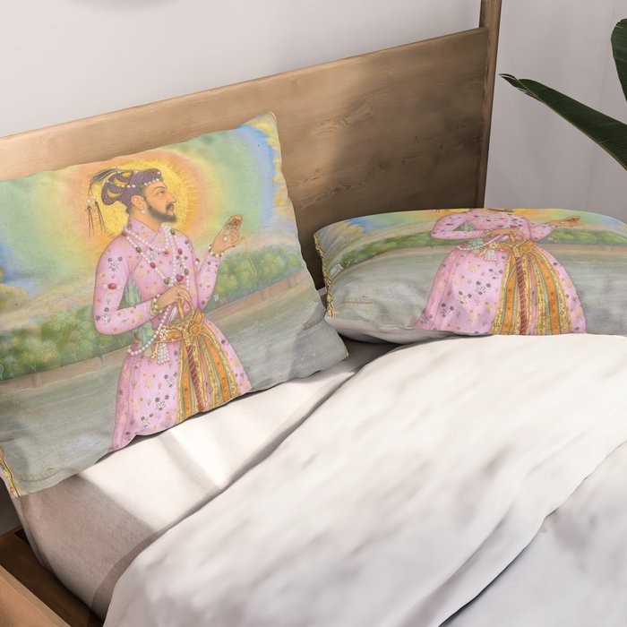 Shah Jahan on a Terrace, Holding a Pendant Set With HisAntique Indian Miniature Painted Illustration Pillow Sham Gallery Image 2