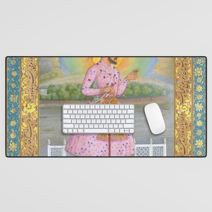 Shah Jahan on a Terrace, Holding a Pendant Set With HisAntique Indian Miniature Painted Illustration Desk Mat Gallery Image 1