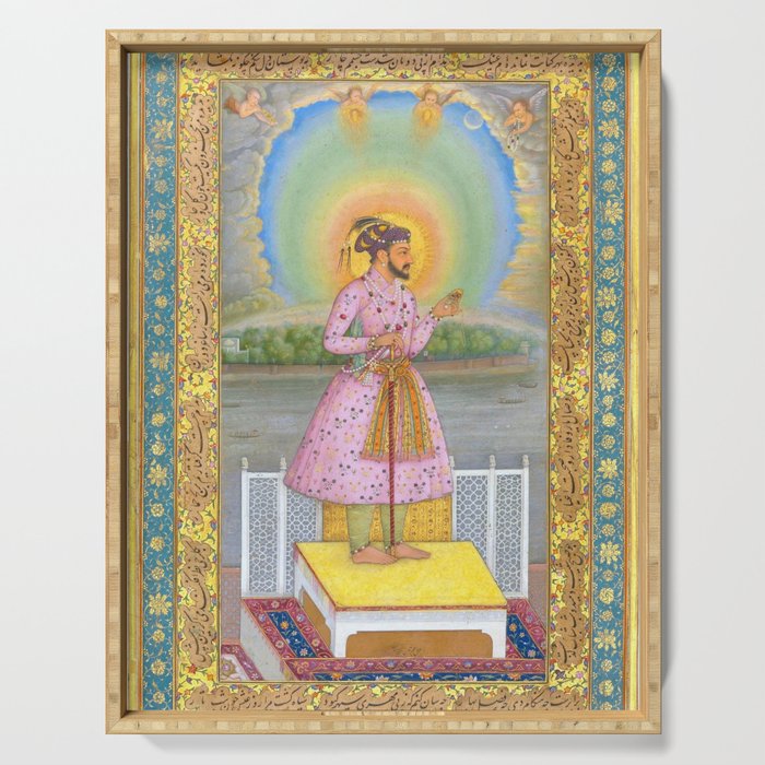 Shah Jahan on a Terrace, Holding a Pendant Set With HisAntique Indian Miniature Painted Illustration Serving Tray Gallery Image 1