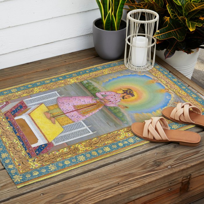 Shah Jahan on a Terrace, Holding a Pendant Set With HisAntique Indian Miniature Painted Illustration Outdoor Rug Gallery Image 2