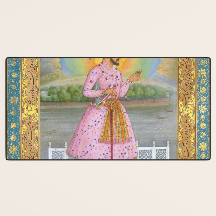 Shah Jahan on a Terrace, Holding a Pendant Set With HisAntique Indian Miniature Painted Illustration Desk Mat Gallery Image 3