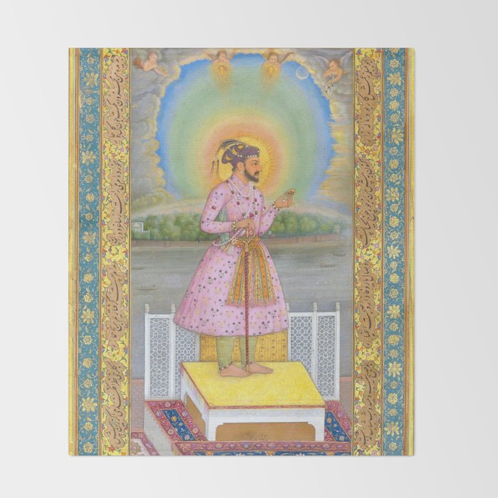 Shah Jahan on a Terrace, Holding a Pendant Set With HisAntique Indian Miniature Painted Illustration Throw Blanket Gallery Image 2