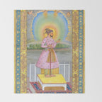 Shah Jahan on a Terrace, Holding a Pendant Set With HisAntique Indian Miniature Painted Illustration Throw Blanket Gallery Image 2