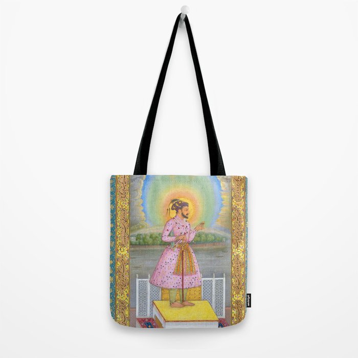 Shah Jahan on a Terrace, Holding a Pendant Set With HisAntique Indian Miniature Painted Illustration Tote Bag Gallery Image 2
