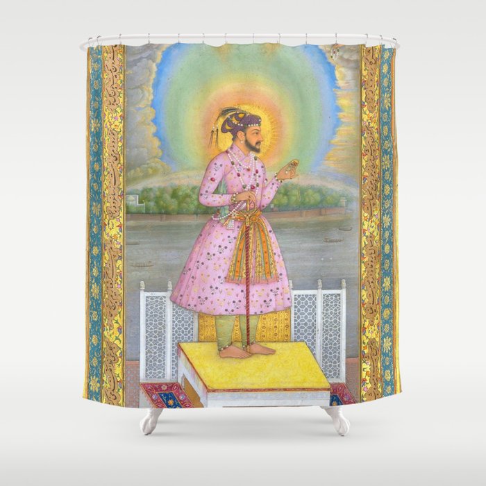 Shah Jahan on a Terrace, Holding a Pendant Set With HisAntique Indian Miniature Painted Illustration Shower Curtain Gallery Image 1