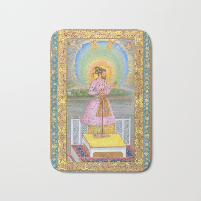 Shah Jahan on a Terrace, Holding a Pendant Set With HisAntique Indian Miniature Painted Illustration Bath Mat Gallery Image 1