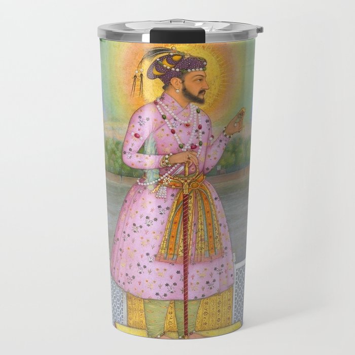 Shah Jahan on a Terrace, Holding a Pendant Set With HisAntique Indian Miniature Painted Illustration Travel Mug Gallery Image 1
