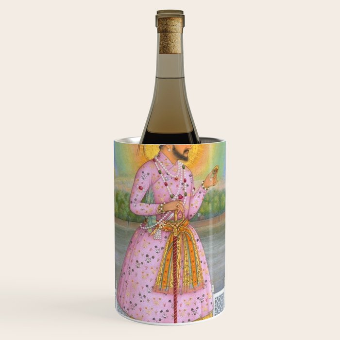 Shah Jahan on a Terrace, Holding a Pendant Set With HisAntique Indian Miniature Painted Illustration Wine Chiller Gallery Image 1