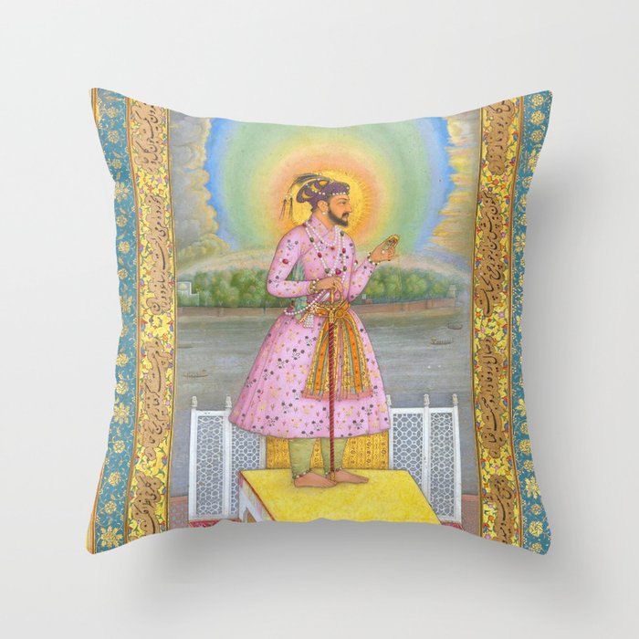 Shah Jahan on a Terrace, Holding a Pendant Set With HisAntique Indian Miniature Painted Illustration Throw Pillow Gallery Image 1