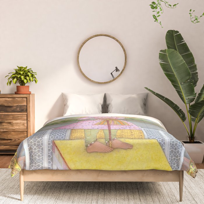 Shah Jahan on a Terrace, Holding a Pendant Set With HisAntique Indian Miniature Painted Illustration Comforter Gallery Image 3