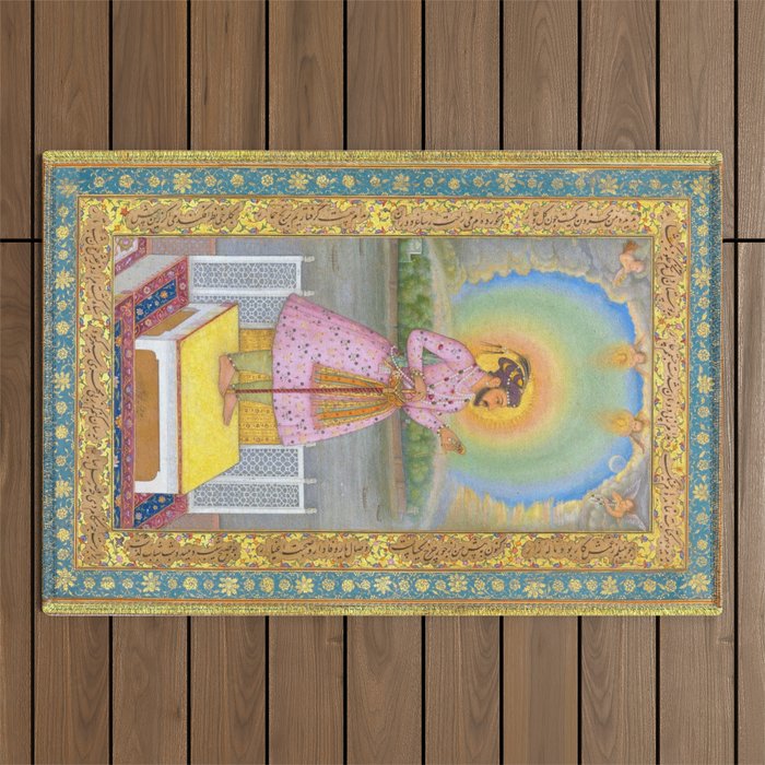 Shah Jahan on a Terrace, Holding a Pendant Set With HisAntique Indian Miniature Painted Illustration Outdoor Rug Gallery Image 1