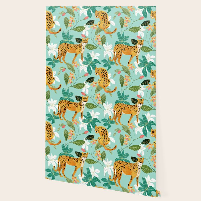 Cheetah Jungle, Wildlife Nature Wild Cats Tigers Leopard Botanical Animals Mint Quirky Illustration Wallpaper Gallery Image 2