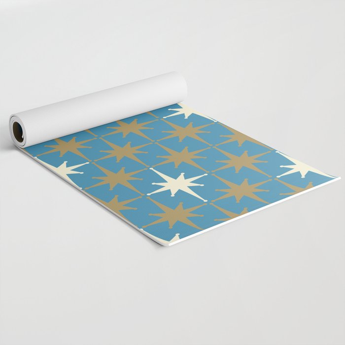 Atomic Age Retro Starburst Mid-century Modern Pattern in Burnished Gold, Cream, and 50s Blue Yoga Mat Gallery Image 2