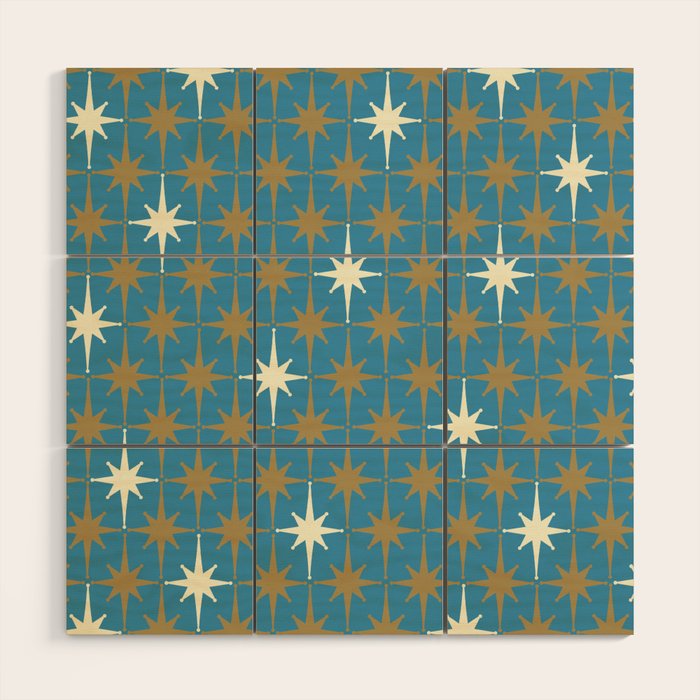 Atomic Age Retro Starburst Mid-century Modern Pattern in Burnished Gold, Cream, and 50s Blue Wood Wall Art Gallery Image 1