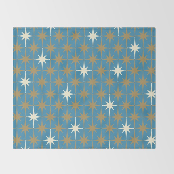 Atomic Age Retro Starburst Mid-century Modern Pattern in Burnished Gold, Cream, and 50s Blue Throw Blanket Gallery Image 2
