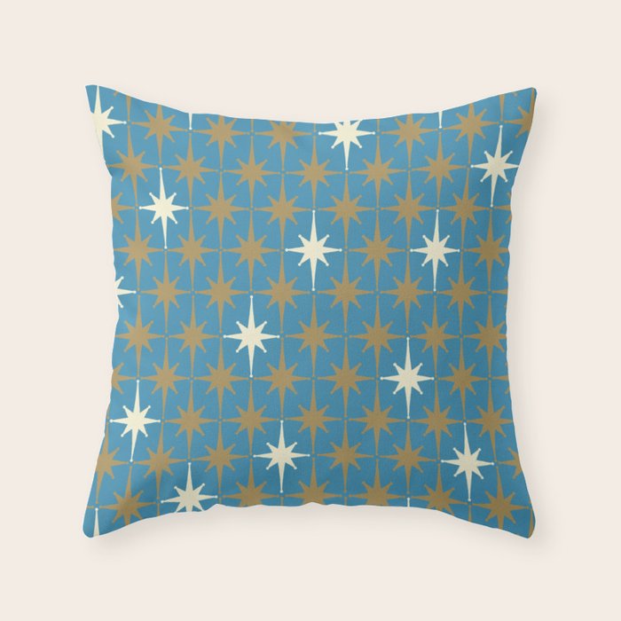 Atomic Age Retro Starburst Mid-century Modern Pattern in Burnished Gold, Cream, and 50s Blue Throw Pillow Gallery Image 6
