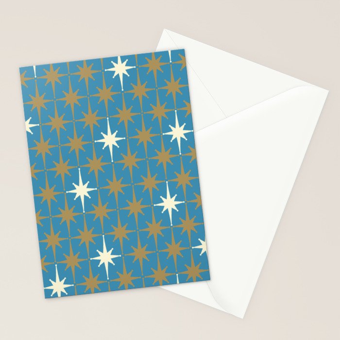 Atomic Age Retro Starburst Mid-century Modern Pattern in Burnished Gold, Cream, and 50s Blue Stationery Card Gallery Image 2