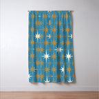 Atomic Age Retro Starburst Mid-century Modern Pattern in Burnished Gold, Cream, and 50s Blue Window Curtain Gallery Image 3