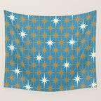 Atomic Age Retro Starburst Mid-century Modern Pattern in Burnished Gold, Cream, and 50s Blue Wall Tapestry Gallery Image 4