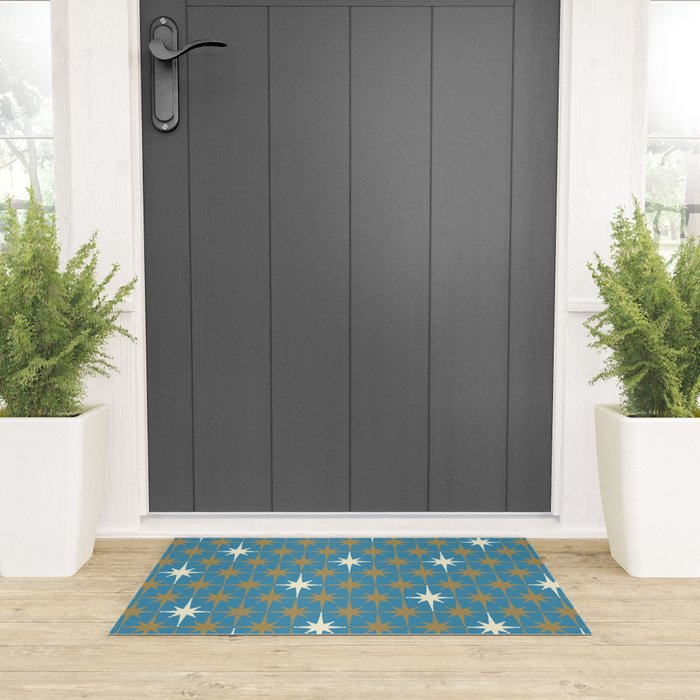 Atomic Age Retro Starburst Mid-century Modern Pattern in Burnished Gold, Cream, and 50s Blue Welcome Mat Gallery Image 3