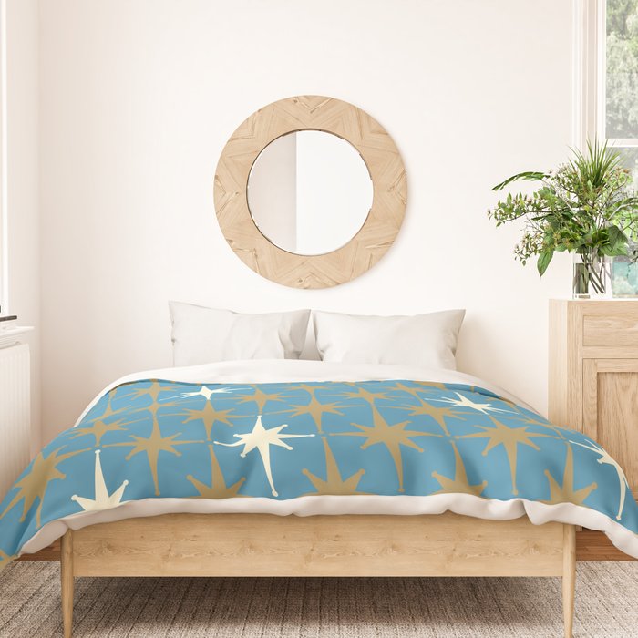Atomic Age Retro Starburst Mid-century Modern Pattern in Burnished Gold, Cream, and 50s Blue Duvet Cover Gallery Image 3