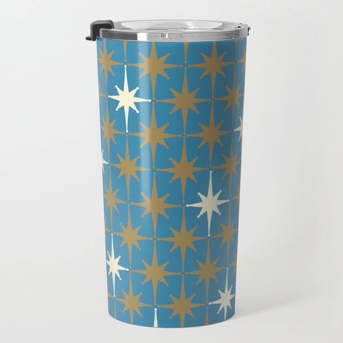 Atomic Age Retro Starburst Mid-century Modern Pattern in Burnished Gold, Cream, and 50s Blue Travel Mug Gallery Image 3