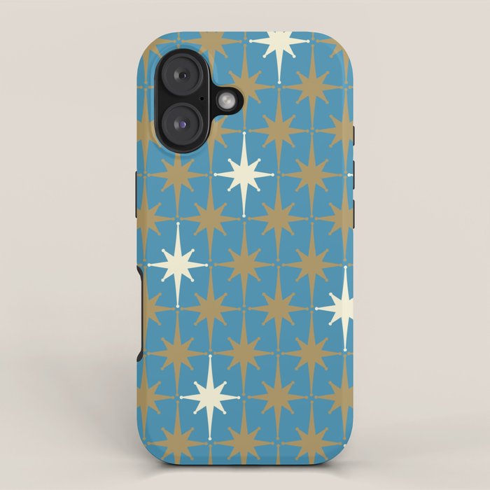 Atomic Age Retro Starburst Mid-century Modern Pattern in Burnished Gold, Cream, and 50s Blue iPhone Case Gallery Image 1
