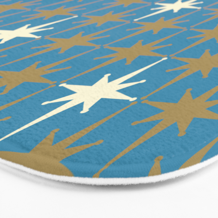 Atomic Age Retro Starburst Mid-century Modern Pattern in Burnished Gold, Cream, and 50s Blue Bath Mat Gallery Image 3