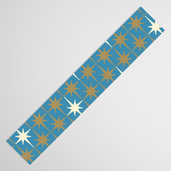 Atomic Age Retro Starburst Mid-century Modern Pattern in Burnished Gold, Cream, and 50s Blue Table Runner Gallery Image 3