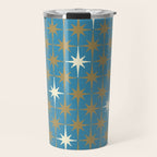 Atomic Age Retro Starburst Mid-century Modern Pattern in Burnished Gold, Cream, and 50s Blue Travel Mug Gallery Image 1