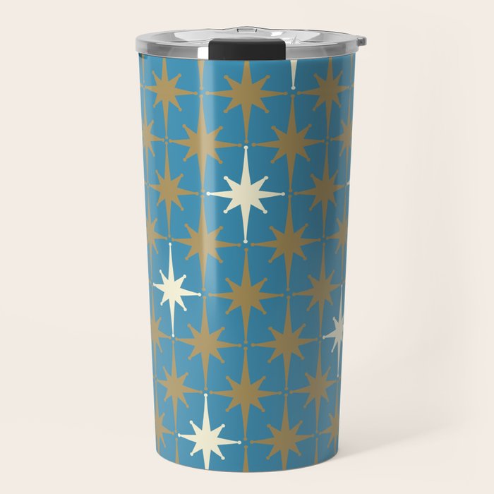 Atomic Age Retro Starburst Mid-century Modern Pattern in Burnished Gold, Cream, and 50s Blue Travel Mug Gallery Image 1