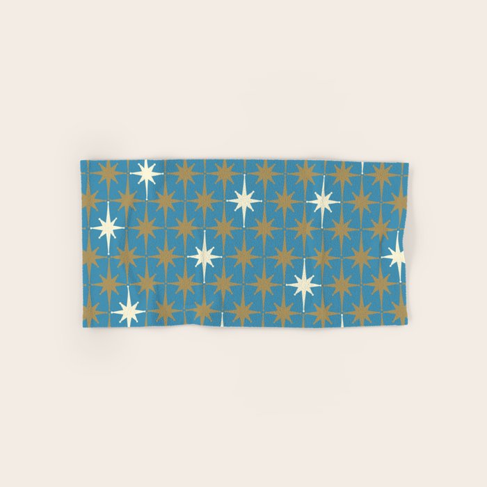 Atomic Age Retro Starburst Mid-century Modern Pattern in Burnished Gold, Cream, and 50s Blue Bath Towel Gallery Image 1