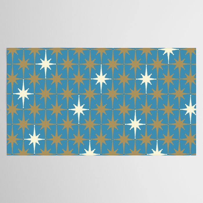 Atomic Age Retro Starburst Mid-century Modern Pattern in Burnished Gold, Cream, and 50s Blue Tablecloth Gallery Image 2