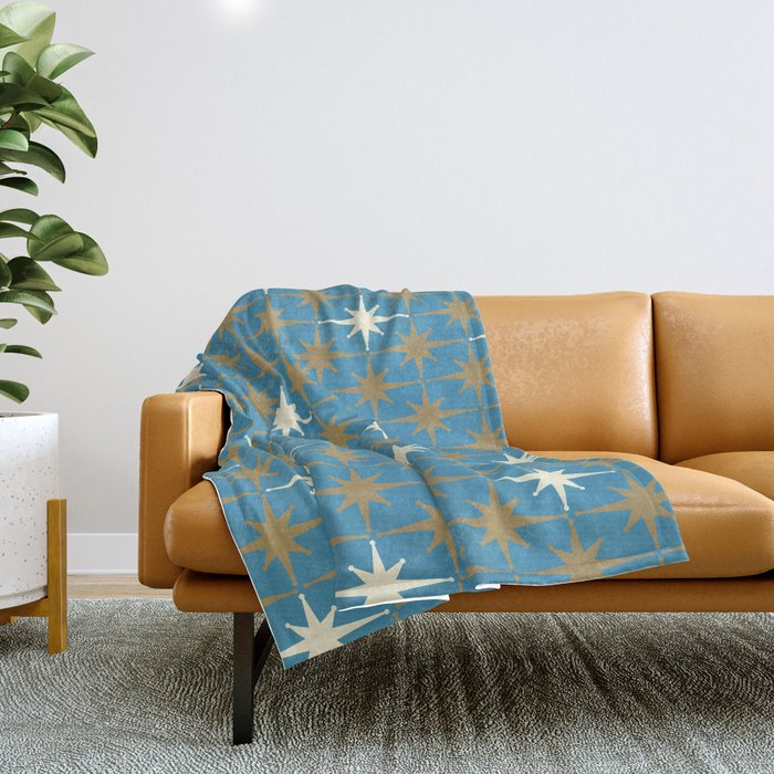 Atomic Age Retro Starburst Mid-century Modern Pattern in Burnished Gold, Cream, and 50s Blue Throw Blanket Gallery Image 1