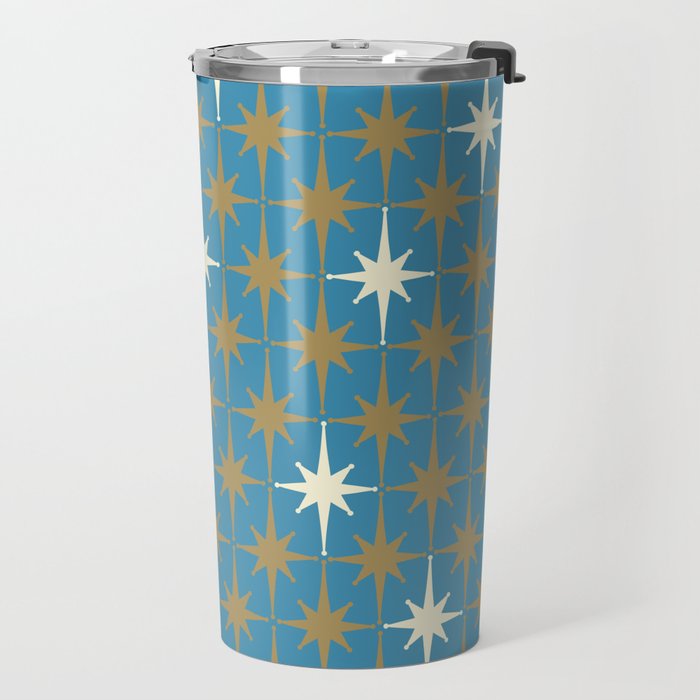 Atomic Age Retro Starburst Mid-century Modern Pattern in Burnished Gold, Cream, and 50s Blue Travel Mug Gallery Image 2