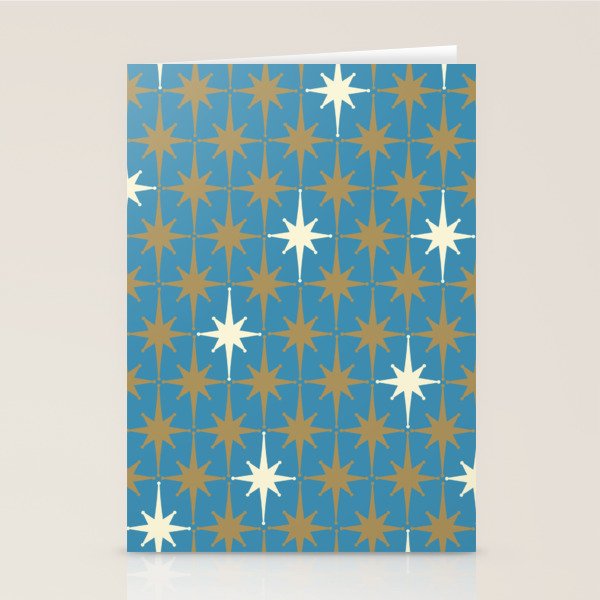 Atomic Age Retro Starburst Mid-century Modern Pattern in Burnished Gold, Cream, and 50s Blue Stationery Card Gallery Image 1