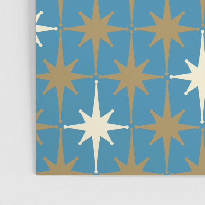 Atomic Age Retro Starburst Mid-century Modern Pattern in Burnished Gold, Cream, and 50s Blue Poster Gallery Image 3
