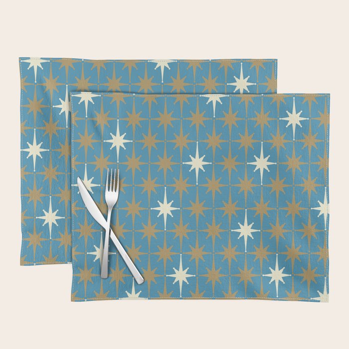 Atomic Age Retro Starburst Mid-century Modern Pattern in Burnished Gold, Cream, and 50s Blue Placemat Gallery Image 1