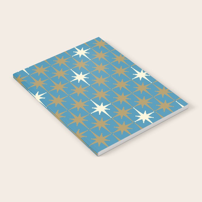 Atomic Age Retro Starburst Mid-century Modern Pattern in Burnished Gold, Cream, and 50s Blue Notebook Gallery Image 2