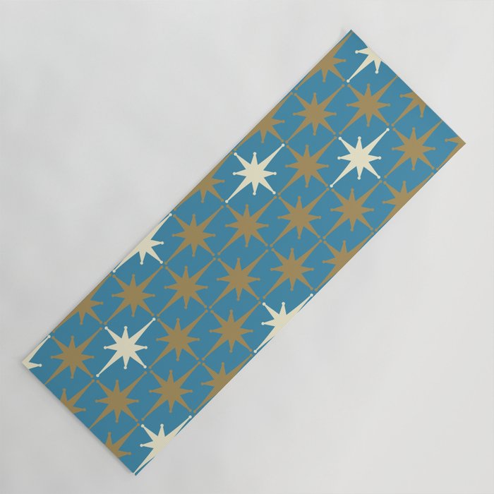 Atomic Age Retro Starburst Mid-century Modern Pattern in Burnished Gold, Cream, and 50s Blue Yoga Mat Gallery Image 1
