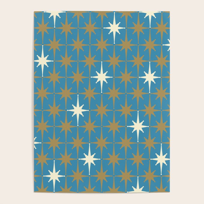 Atomic Age Retro Starburst Mid-century Modern Pattern in Burnished Gold, Cream, and 50s Blue Poster Gallery Image 1